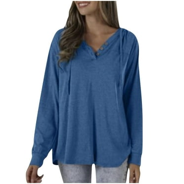 Oalirro Navy V Neck Long Sleeve Tops for Woman Women's Solid Color V-neck Button-Up Long-Sleeved Baggy Top with Pockets