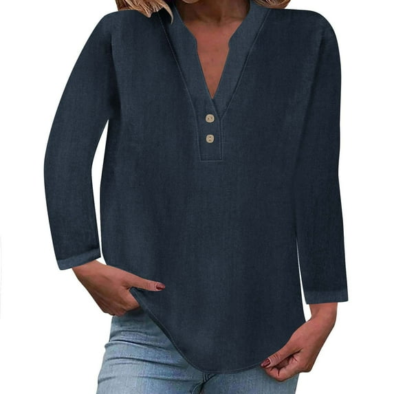 Oalirro Navy V Neck Long Sleeve Tops for Women 2024 Women's Tops Fashion Solid Button Shirt Female V-Neck Loose T-shirt Blouse