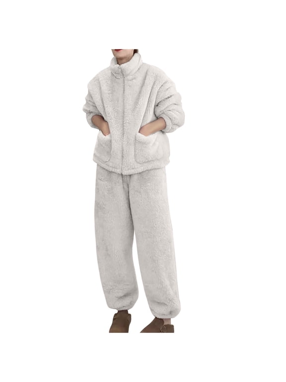 Pajamas for Women Fleece Home Clothes Fuzzy Sleepwear Winter Zip Up Mock Neck Plush Soft Warm Fluffy Pajama Sets with Pockets