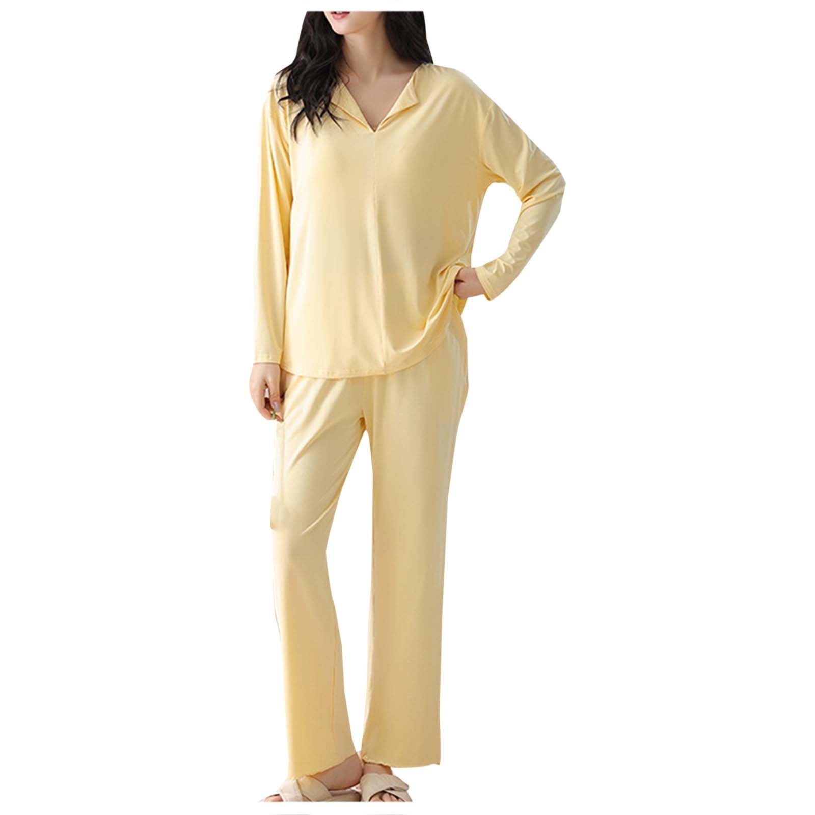 Oalirro Pajamas for Women Set 2 Piece Solid Color Soft Long Sleeve Pjs Pullover Top with Pants Breathable Loungewear Home Pajama Sets