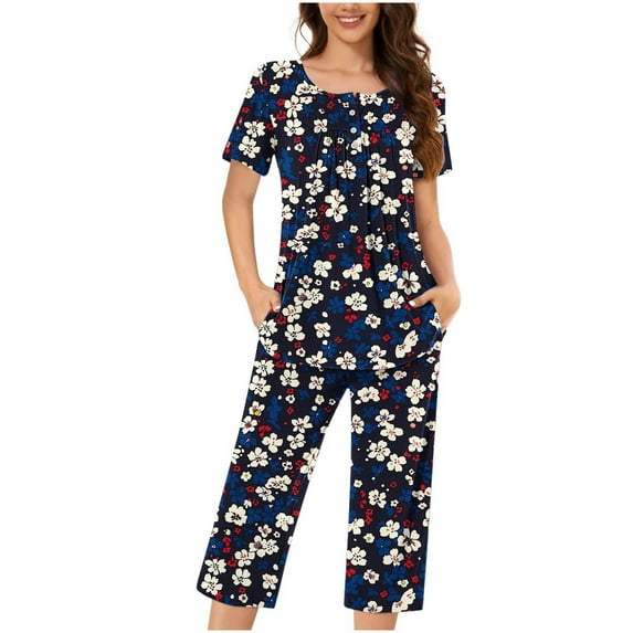 Oalirro Pajamas for Women Set Casual Short Sleeve Top with Long Pants Homewear Pjs Set Loungewear