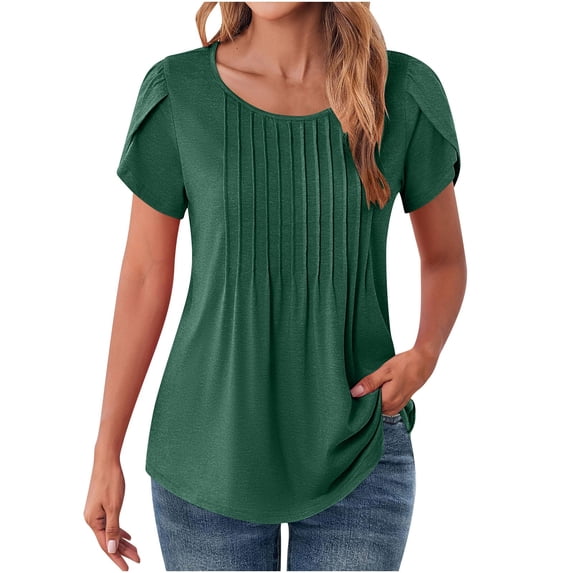 Oalirro Petal Short Sleeve Top for Women Summer Casual Crew Neck Shirts Solid Dressy Blouse Pleated Tunics