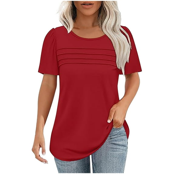 Oalirro Petal Short Sleeve Top for Women Summer Casual Crew Neck Shirts Solid Dressy Blouse Pleated Tunics