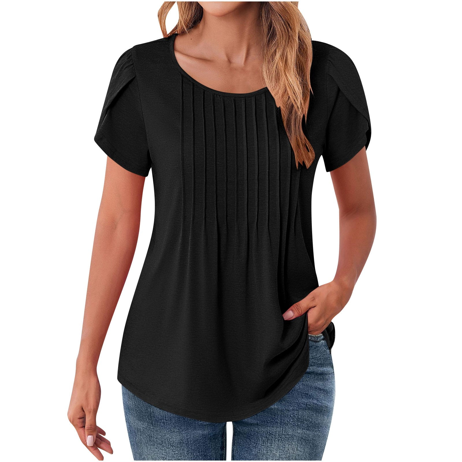 Oalirro Petal Short Sleeve Top for Women Summer Casual Crew Neck Shirts ...