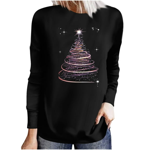 Oalirro Pink Christmas Tree Top for Women T-Shirts Long Sleeve Holiday Tee Xmas Gift Shirt