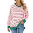thumbnail image 1 of Oalirro Pink Long Sleeve Summer Tops for Women 2024 Relaxed Round Neck Long Sleeve Polyester Striped Print Womens Top, M, 1 of 7