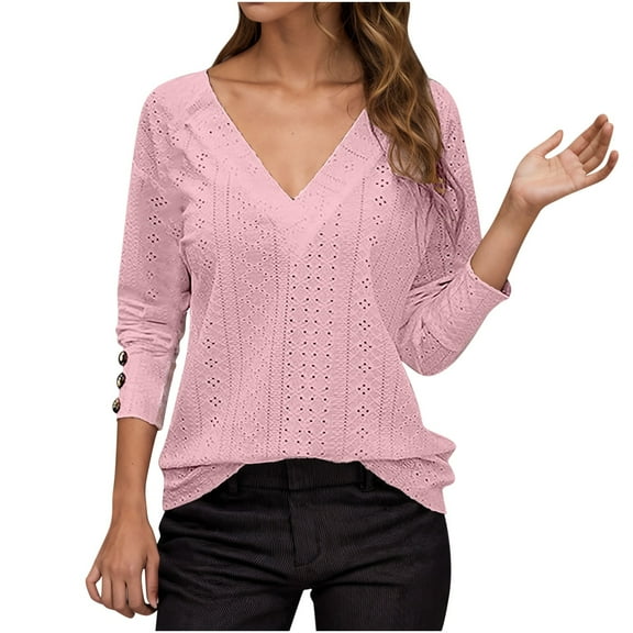 Oalirro Pink V Neck Long Sleeve Tops for Summer Women's Fashion Casual V-neck Long Sleeve Button Hollow-out Solid Color Blouse