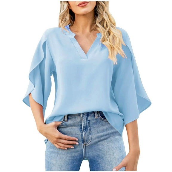 Oalirro Plus Size 3/4 Sleeve for Women Chiffon Summer Blouse V Neck Tops Casual Loose Dressy Tunic Shirt for Wedding, S-2XL