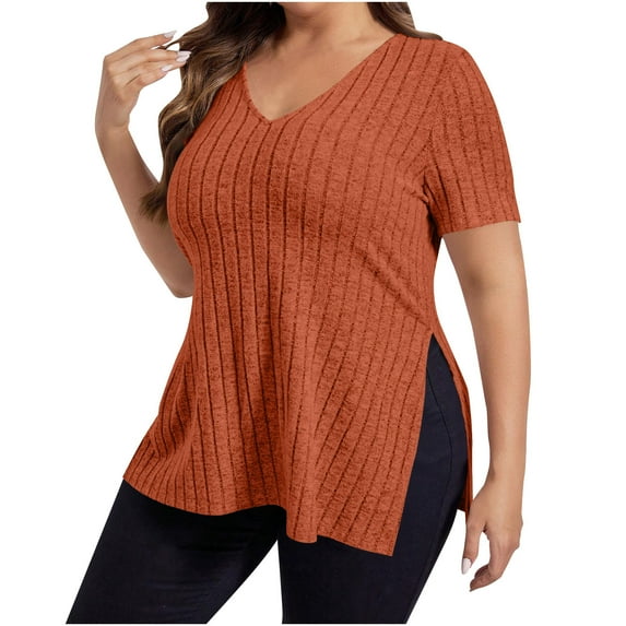Oalirro Plus Size V Neck Ribbed Tops for Women Side Slit Knit Short Sleeve Blouse Solid Casual Loose Pullover Shirt