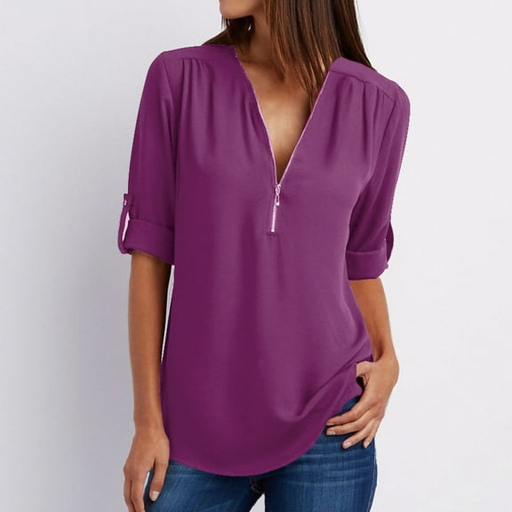 Oalirro Plus Size Women's Summer Tops Zip Casual Tunic Rollable Sleeve Blouse Tops Shirts