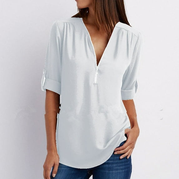 Oalirro Plus Size Women's Summer Tops Zip Casual Tunic Rollable Sleeve Blouse Tops Shirts