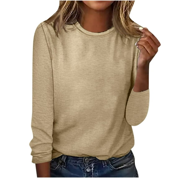 Oalirro Polyester Long Sleeve Tee Shirts for Women Round Neck Solid Long Sleeve Tops for Women Casual Spring