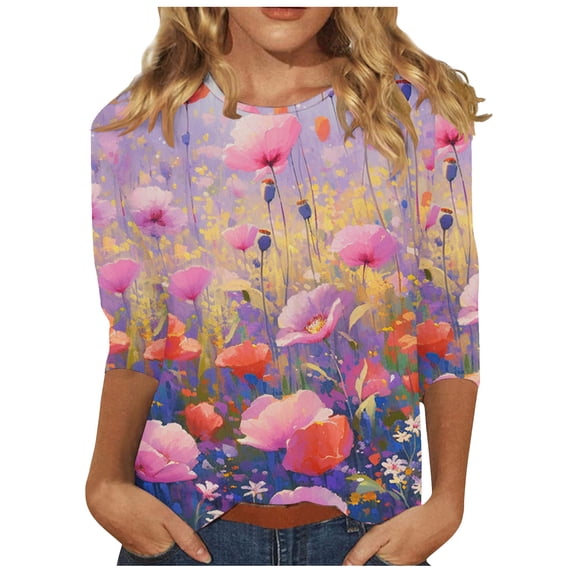 Oalirro Purple Fashion Tops and Blouses for Women Crew Neck Three-Quarter Sleeve Top XXXL