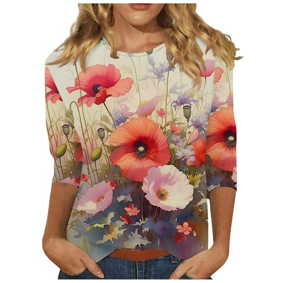 Oalirro Red 3/4 Sleeve Tops for Women Workwear Fashion Round Neck Three-Quarter Sleeve Top XXXL