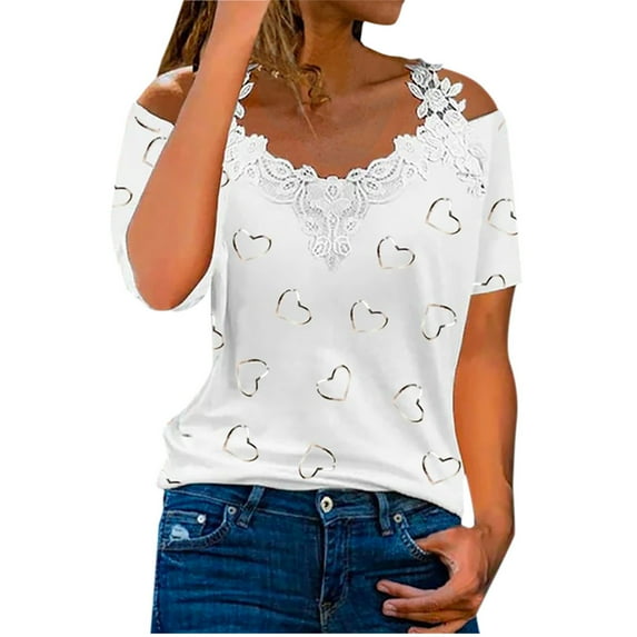 Oalirro Blouses for Women Dressy Casual Women Blouses and Tops Fashion Women's Casual Off The Shoulder Lace Regular Fit Short Sleeve Tops V-Neck Shirt Tops White