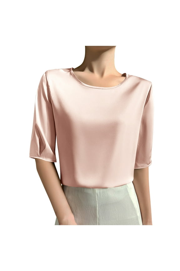 Silk Blouse for Women M Short Sleeve Dressy Tops Satin Blouse Solid Tanks Collared Style Elegant Silk Shirts