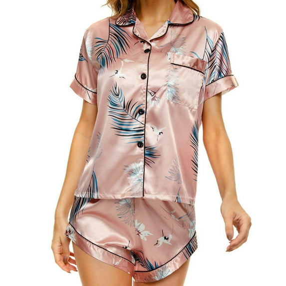 Oalirro Silk Pajamas Sets Casual Short Sleeve Top with Shorts Homewear 2 Piece Pjs Shorts Set Hot Pink,L