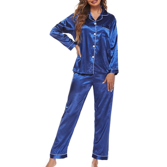 Oalirro Silk Satin Pajamas Set for Women Casual Long Sleeve Homewear Two-Piece Sleepwear