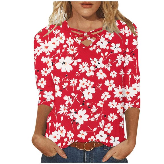 Oalirro Small Fragmented Flower Criss Cross Women's Fashion Casual V-neck 3/4 Sleeve Shirt
