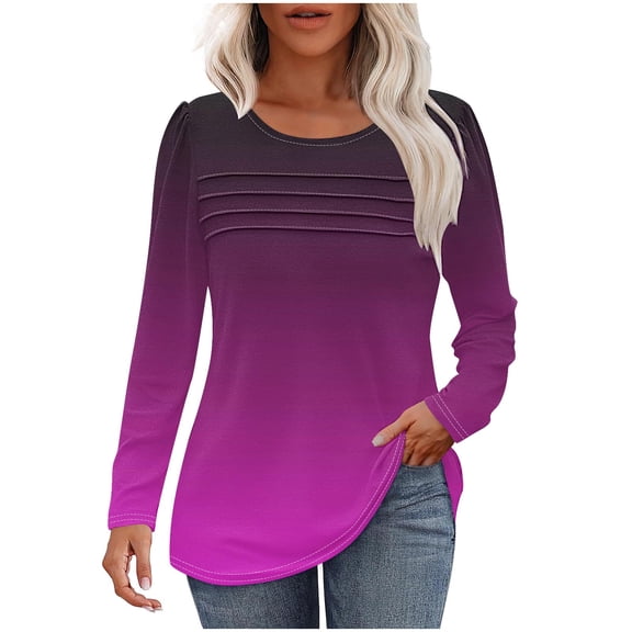 Oalirro Striped Gradient Print Long Sleeve Shirt for Women Casual Crewneck Fashion Slim Fit Fall Winter Loose Tops