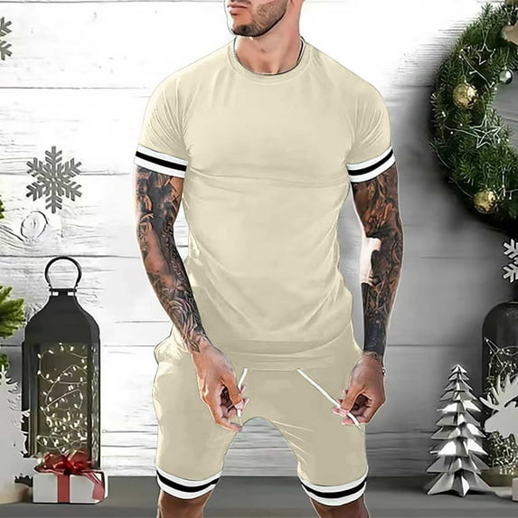 Oalirro Summer Casual Outfits for Men 2 Piece Sets Holiday Gifts Men Casual Round Neck Solid T-Shirt Short Sleeve Blouse and Pants Set Khaki