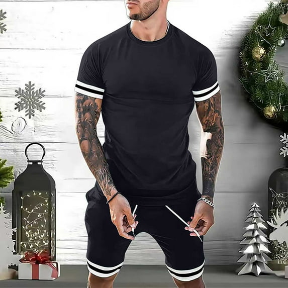 Oalirro Summer Casual Outfits for Men 2 Piece Sets Holiday Gifts Men Casual Round Neck Solid T-Shirt Short Sleeve Blouse and Pants Set Navy