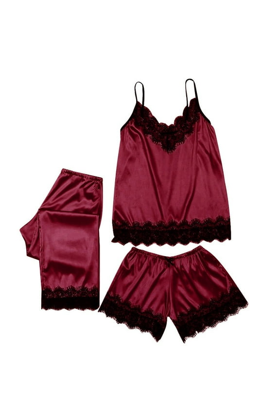 Summer Pajamas for Women Casual Short Sleeve Top with Shorts Homewear 2 Piece Pjs Shorts Set Wine,XL