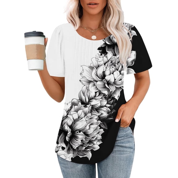Oalirro Summer Trendy Floral Tops for Women Elegant Short Sleeve Pleated Dressy Casual Tunic Tops Scooped Neck T Shirts Flowy Cute Tees