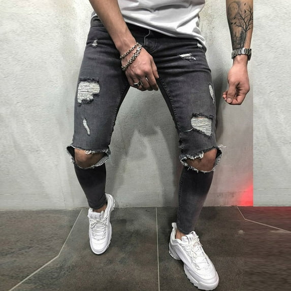 Oalirro Sweatpants for Men Mens Skinny Stretch Denim Pants Distressed Ripped Freyed Slim Fit Jeans Trousers