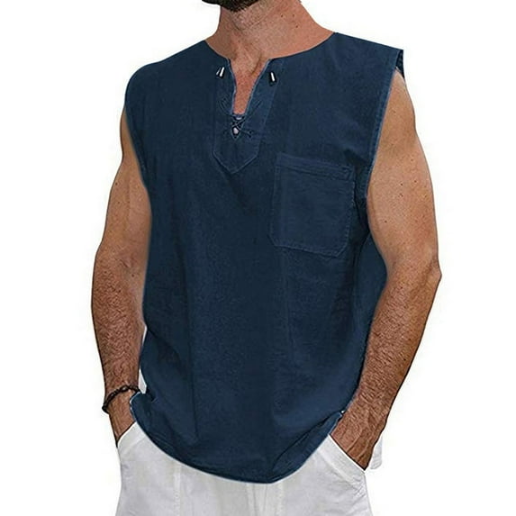 Nnhblu Tank Top T Shirts for Men V-Neck Sleeveless Cotton Linen Casual Vest for Men Navy XL