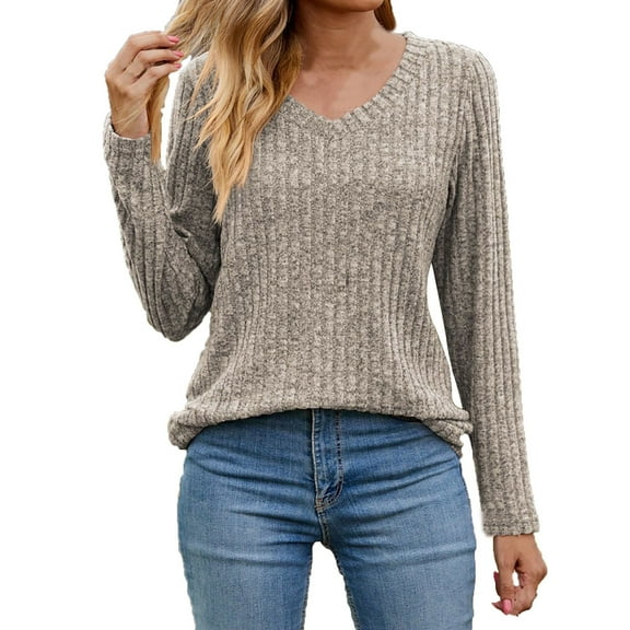 Oalirro V Neck Top for Women Loose Long Sleeve Tunic Tops Lightweight Pullover Fall Winter Sweaters for Women 2024