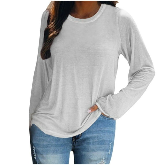 Oalirro White Womens Long Sleeve Tops Summer Round Neck Solid Womens Trendy Tops