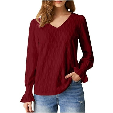 Oalirro Wine Round Neck Long Sleeve Tops for Women Dressy Casual Women's Fall Fashion Solid Color Long Sleeved Crewneck Basic Tops Blouse