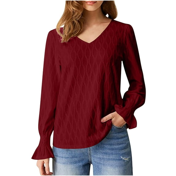 Oalirro Wine Round Neck Long Sleeve Tops for Women Going Out Women's Fall Fashion Solid Color Long Sleeved Crewneck Basic Tops Blouse