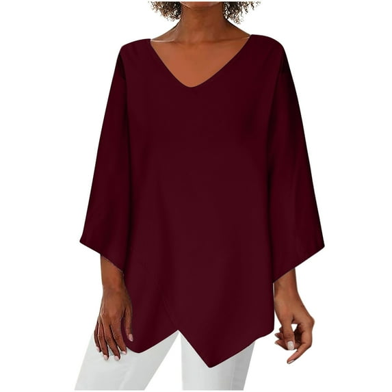 Oalirro Wine Womens Long Sleeve Tops Summer V Neck Solid Womens Trendy Tops