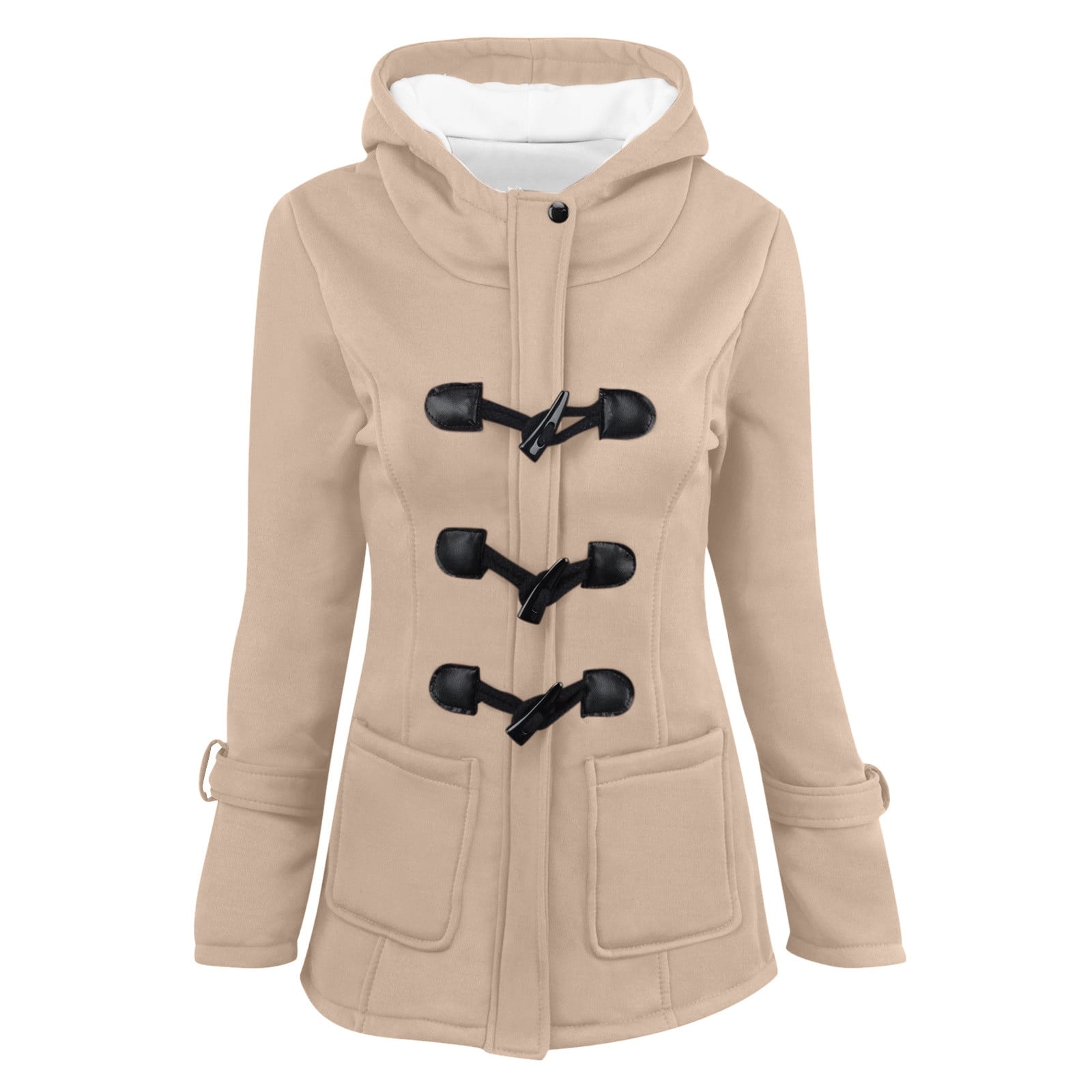 Nnhblu Winter Coats for Women Sherpa Lined Horn Button Toggle Duffle Coat Fleece Hooded Winter Warm Jacket with Pockets Khaki Outerwear