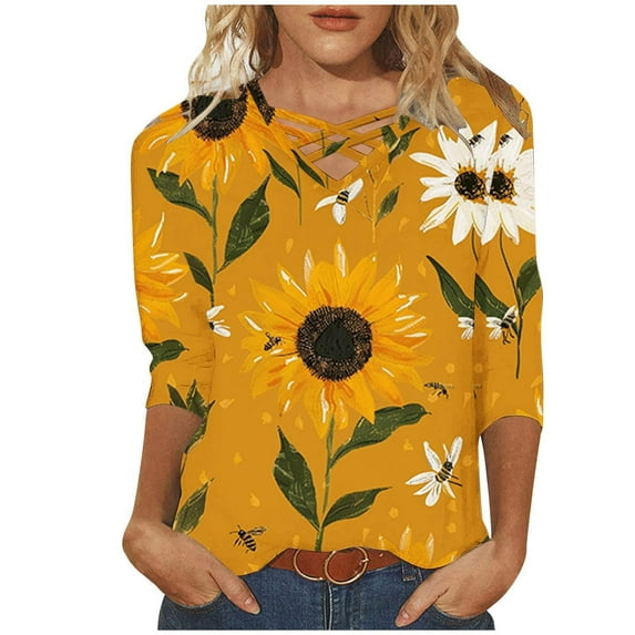 Oalirro Women 3/4 Sleeve T-Shirt Cross Chest V Neck Sunflower Tunic Tops