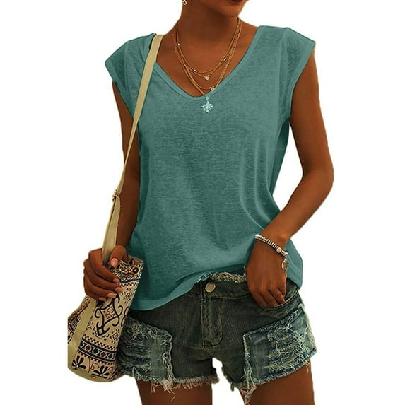 Oalirro Women'S Casual Loose Fitting Solid Color Sleeved V-Neck Tank Top