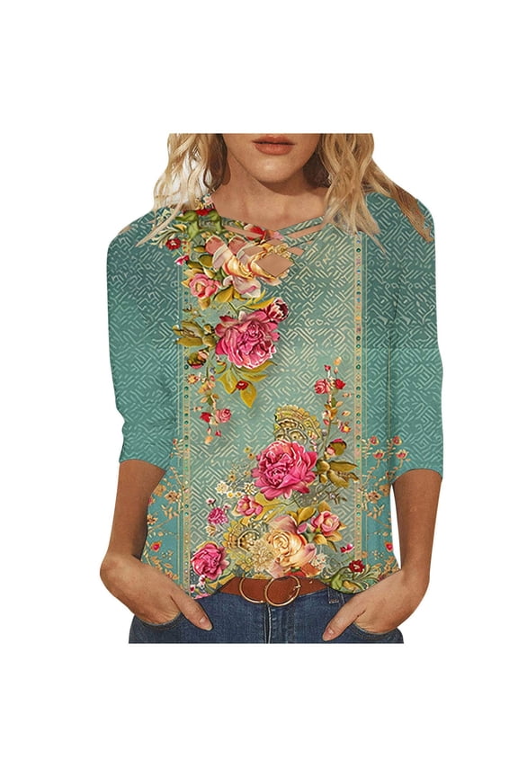 Women Short Sleeve Tops Criss Cross V Neck Blouse Floral Summer Casual Tunic Shirts