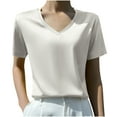 thumbnail image 1 of Oalirro Women Summer Solid Color Blouse V-Neck Short Sleeve T-Shirt Satin Silk Thin Soft Top, 1 of 3