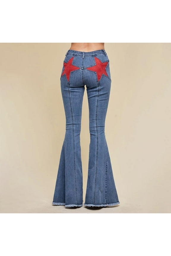 Women's Flared Jeans with Star Patches & Frayed Hems - Vintage Inspired Casual Denim Pants for Summer