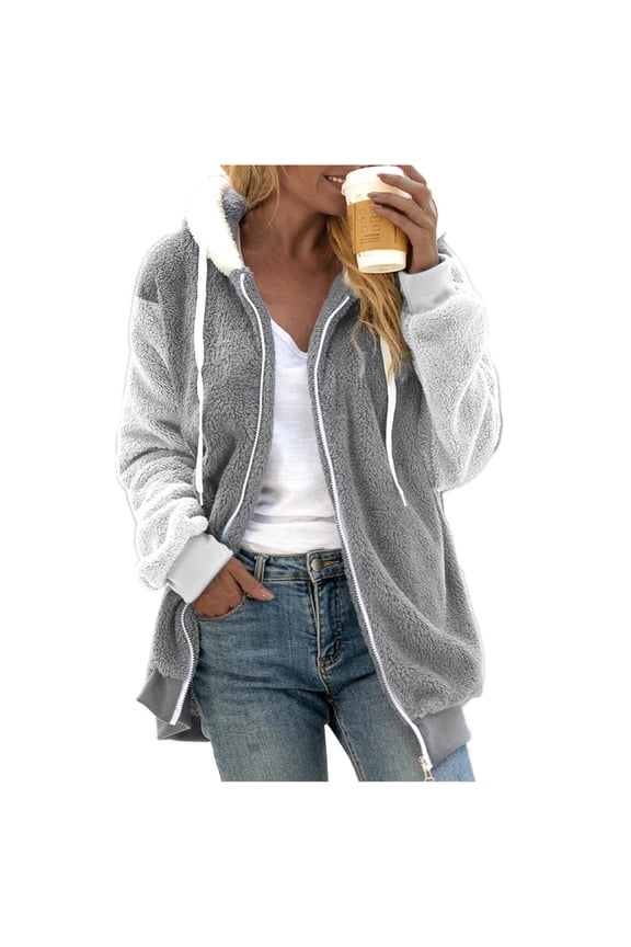 Women's Fleece Jacket Style Towel Embroidery Cotton Spliced Lamb Hooded Coat Zip
