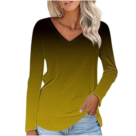 Oalirro Women's Gradient V Neck Long Sleeve T Shirt Casual Basic Tops Comfort Tees