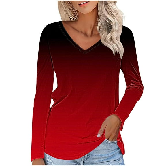 Oalirro Women's Gradient V Neck Long Sleeve T Shirt Casual Basic Tops Comfort Tees