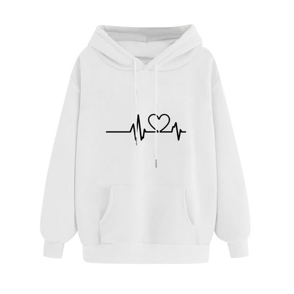 Oalirro Women's Heart Graphic Drawstring Hoodie Crew Neck 2024 New FashionValentine's Day PulloverWhite,L
