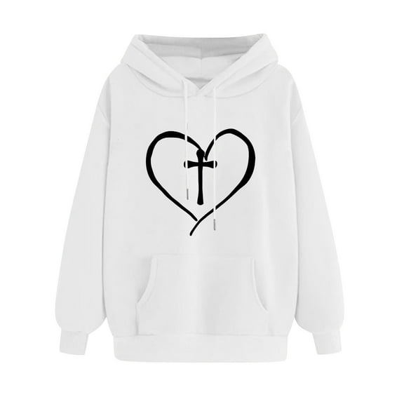 Oalirro Women's Heart Graphic Drawstring Hoodie Crew Neck Athleisure Valentine's Day PulloverWhite,XXL