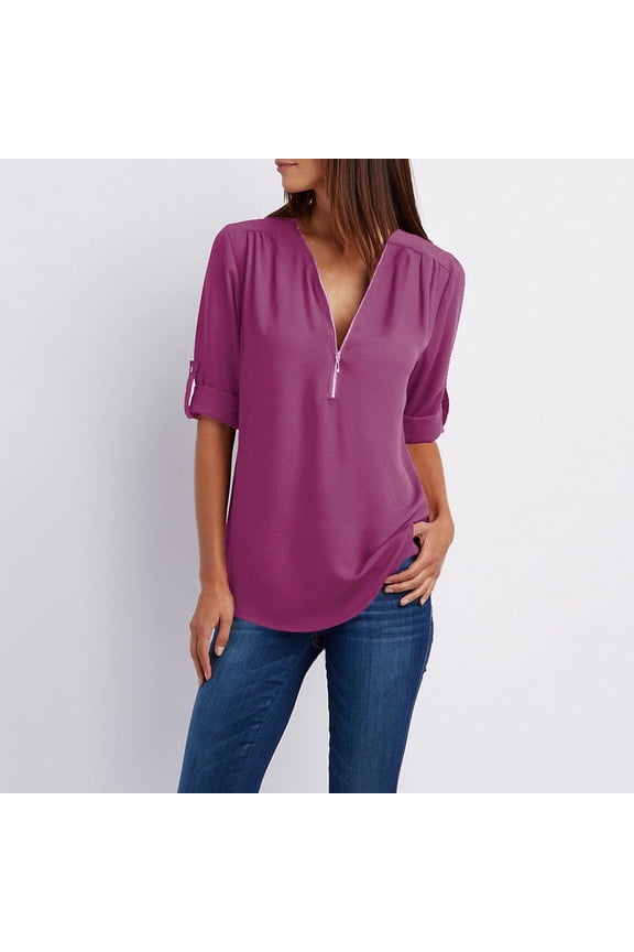 Women's Long/Short Sleeve V Neck Blouses Zip Front Rollable Crop Tops Lightweight Basic Summer Tops