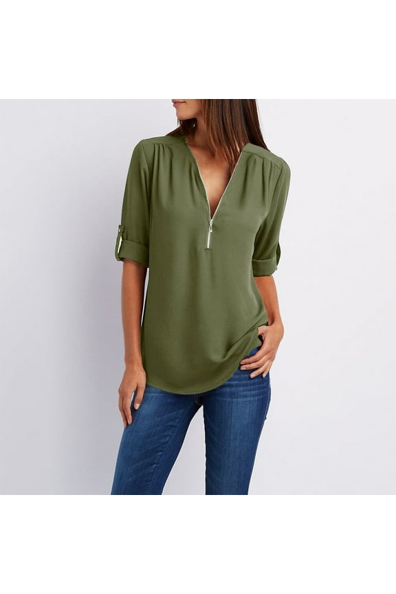 Women's Long Sleeve Fall fashion V Neck Blouses Zip Front Rollable Crop Tops Lightweight Basic Summer Tops