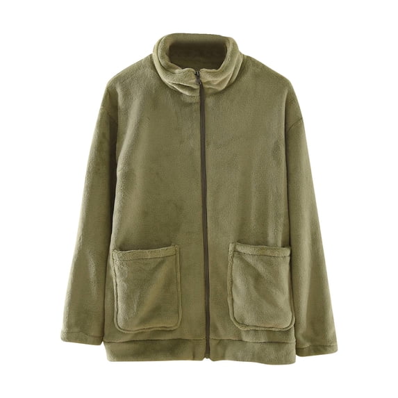 Oalirro Women's Pajamas Top Fleece Jacket Full-Zip Winter Solid Color Coat Outwear Sleepwear Home Clothes for Women