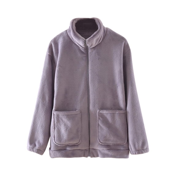 Oalirro Women's Pajamas Top Fleece Jacket Full-Zip Winter Solid Color Coat Outwear Sleepwear Home Clothes for Women